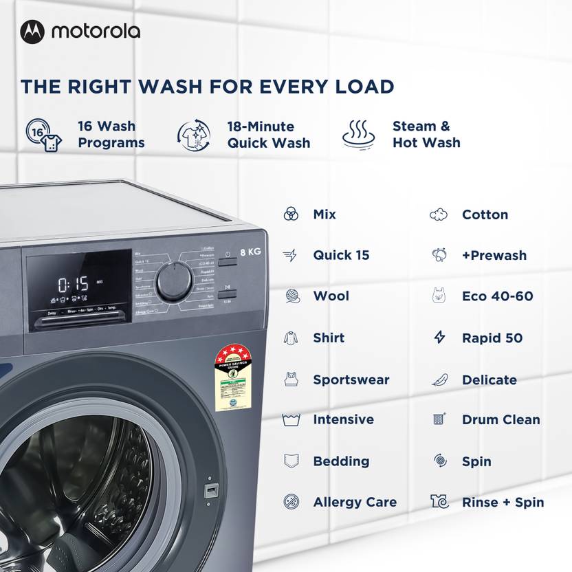 Motorola 8 kg with Steam Wash and Tru Smart Sensor Fully Automatic Front Load Washing Machine with In-built Heater Blue (MTFL805NHNJA)-4