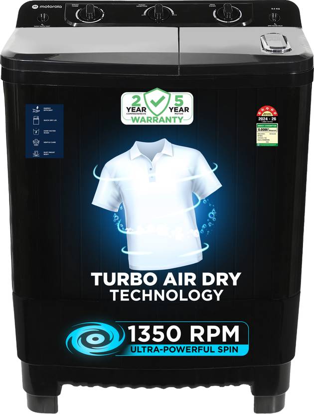 Motorola 8 kg 5 star rating Midnight Series Semi Automatic Top Load Washing Machine Black (MTSA805NNNDB)-5