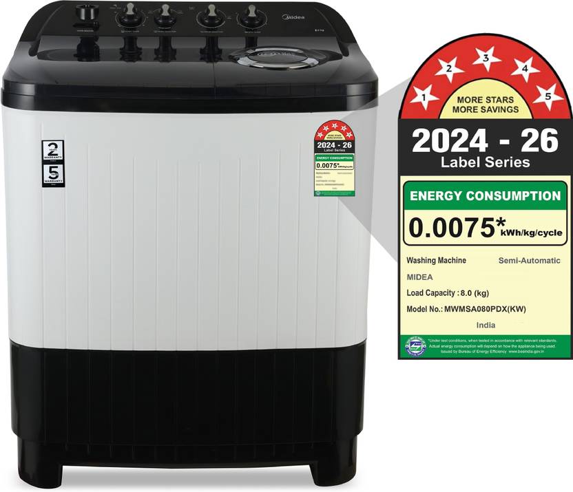 Midea 8 kg Semi Automatic Top Load Washing Machine Black, White (MWMSA080PDX(KW))-3