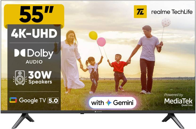 Realme TechLife 139 cm (55 inch) Ultra HD (4K) LED Smart Google TV with 5.0 OS, Dolby Audio, and 30 W downfiring speaker (55UHDGDRWSDB)