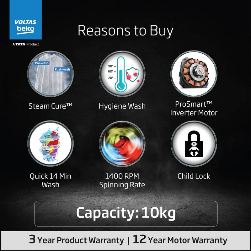 Voltas Beko 10 kg Fully Automatic Front Load Washing Machine with In-built Heater Grey (WFL1014B7JVBKA / AXV)-2