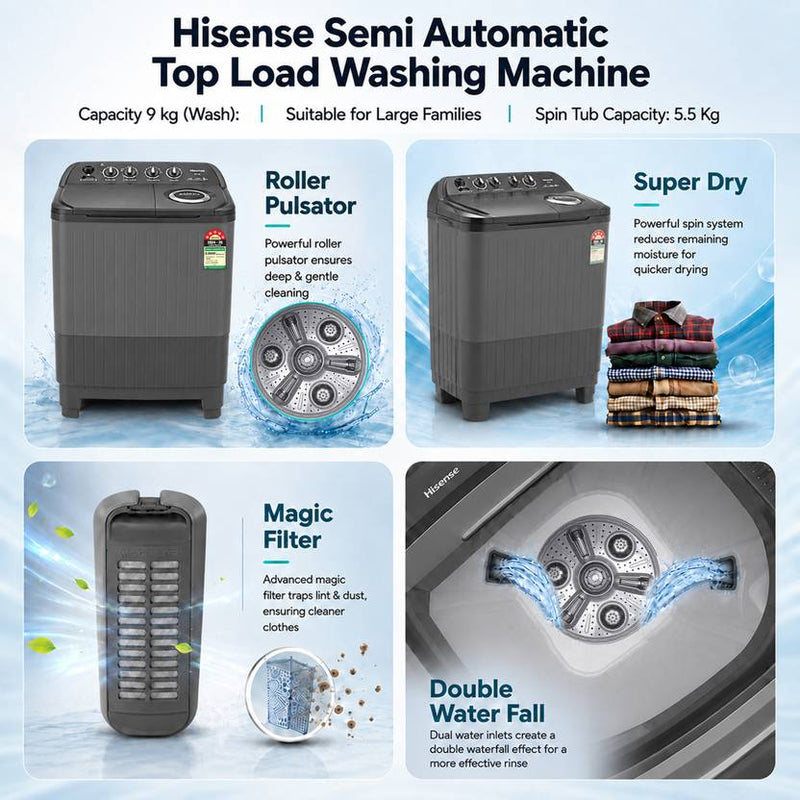 Hisense 9 kg Semi Automatic Top Load Washing Machine Black (WS9005SBB5)-3