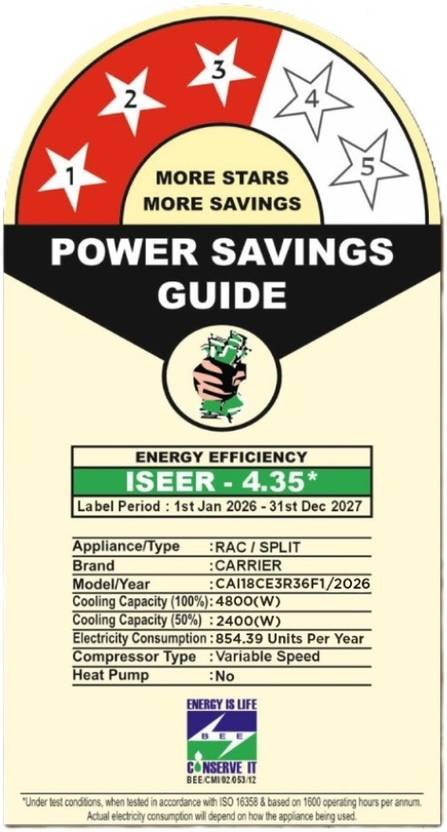 Carrier 2026 Model 1.5 Ton 3 Star Split Inverter AC (18K XCEL EDGE GXi INVERTER R32 SPLIT AC_CAI18CE3R36F1, White)