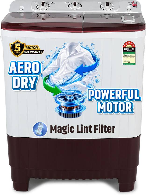 Kenstar 7.5 kg 5Star Rated High Performance Motor With 1350RPM, 5-Fin Pulsator, Aero Dry Function, Magic Lint Filter Semi Automatic Top Load Washing (KSSA755NNNDM)-1