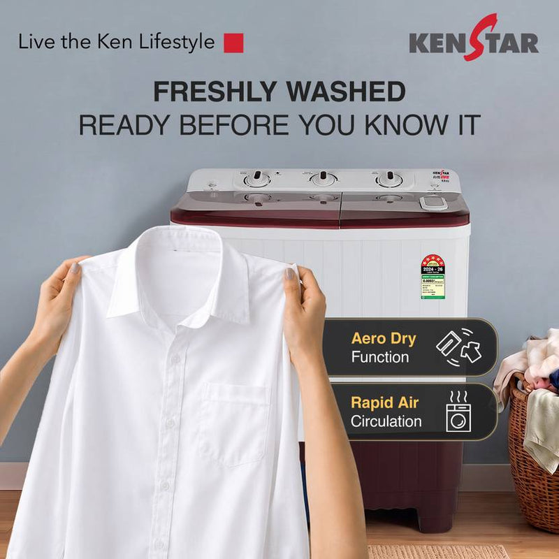 Kenstar 7.5 kg 5Star Rated High Performance Motor With 1350RPM, 5-Fin Pulsator, Aero Dry Function, Magic Lint Filter Semi Automatic Top Load Washing (KSSA755NNNDM)-4