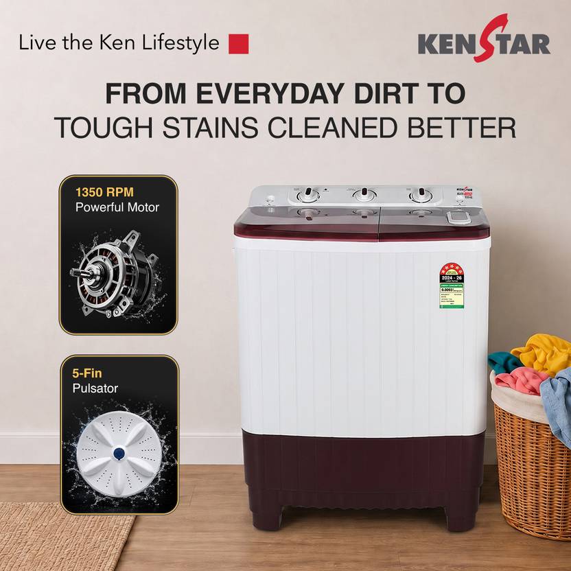 Kenstar 7.5 kg 5Star Rated High Performance Motor With 1350RPM, 5-Fin Pulsator, Aero Dry Function, Magic Lint Filter Semi Automatic Top Load Washing (KSSA755NNNDM)-3