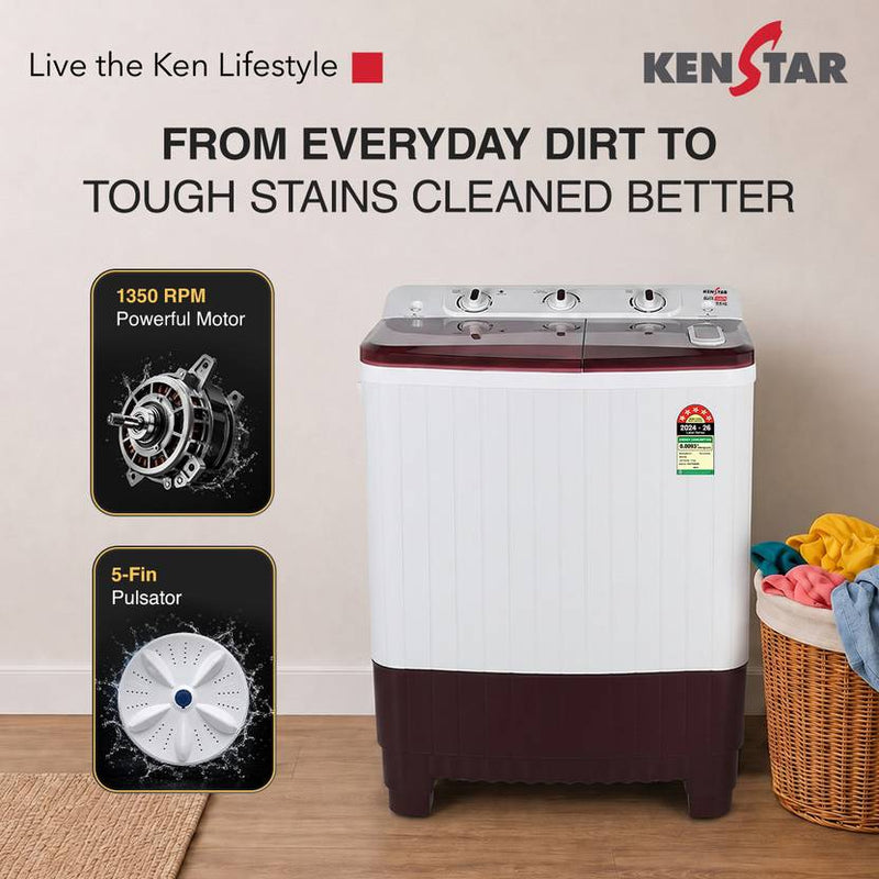 Kenstar 7.5 kg 5Star Rated High Performance Motor With 1350RPM, 5-Fin Pulsator, Aero Dry Function, Magic Lint Filter Semi Automatic Top Load Washing (KSSA755NNNDM)-3