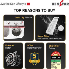 Kenstar 7.5 kg 5Star Rated High Performance Motor With 1350RPM, 5-Fin Pulsator, Aero Dry Function, Magic Lint Filter Semi Automatic Top Load Washing (KSSA755NNNDM)-2