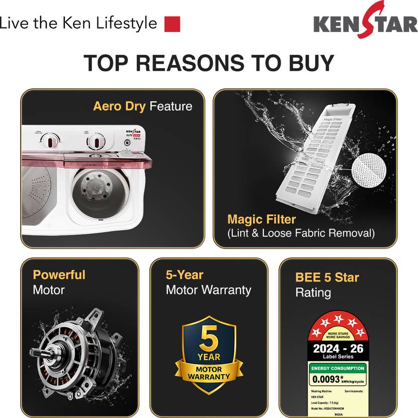 Kenstar 7.5 kg 5Star Rated High Performance Motor With 1350RPM, 5-Fin Pulsator, Aero Dry Function, Magic Lint Filter Semi Automatic Top Load Washing (KSSA755NNNDM)-2