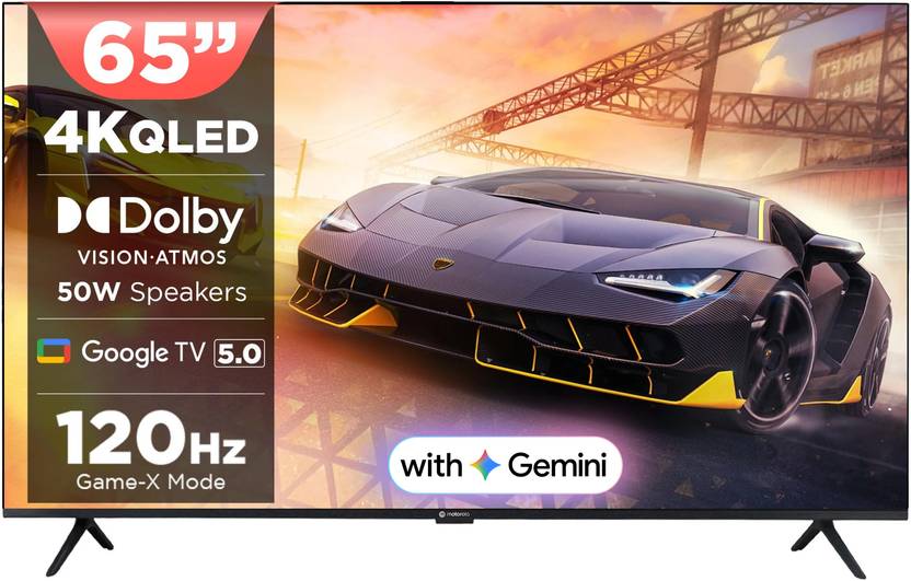 Motorola 165 cm (65 inch) QLED Ultra HD (4K) Smart Google TV with 5.0 OS, 50 W speaker, 120Hz Game accelerator, and Dolby Atmos (65UHDGQMWSDQ)