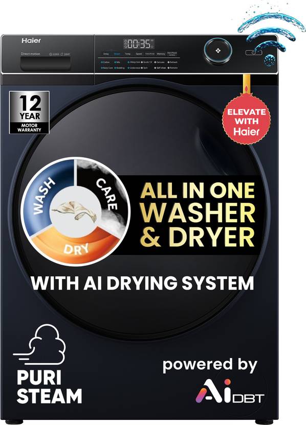 Haier 11 kg 525 mm Super Drum, Direct Motion Motor,PuriSteam, i-Refresh,Inbuilt Heater, WiFi Enabled Fully Automatic Front Load Washing Machine with (EFLD110-DM14IEICBKU1)-1