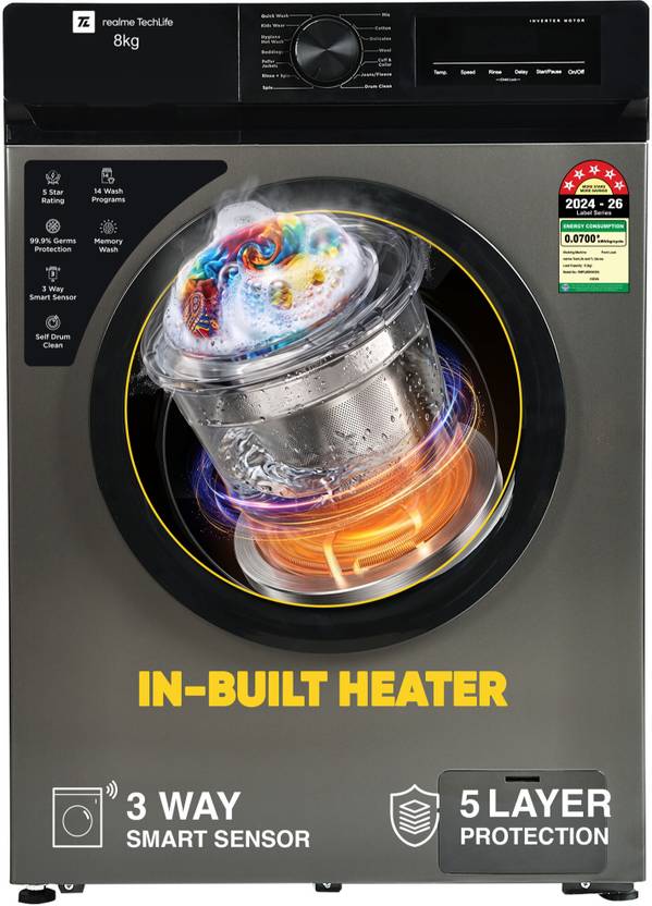 Realme TechLife 8 kg Fully Automatic Front Load Washing Machine with In-built Heater Grey (RMFL805NHIDG)-1