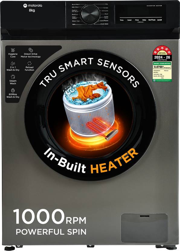 Motorola 8 kg Fully Automatic Front Load Washing Machine with In-built Heater Grey (MTFL805NHIDG)