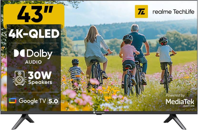 Realme TechLife 108 cm (43 inch) QLED Ultra HD (4K) Smart Google TV 2026 Edition with 5.0 OS, Dolby Audio, and 30 W downfiring speaker (43UHDIQRWSDQ)