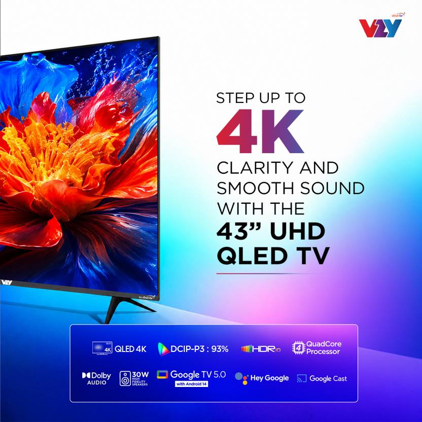 VZY by DishTV with DTH & OTT Subscription 109 cm (43 inch) QLED Ultra HD (4K) Smart Google TV 2026 Edition with 1-Year Premium Bundled Content (A43UHQG5X)-3