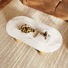 Oval Marble coffee table with Vertical Slatted Wooden Base – White Marble & Acacia Finish – 36x24 in – Modern Living Room Elegance