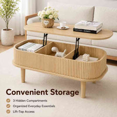 Space-Saving Oval Lift-Top Coffee Table with 3 Hidden Storage Compartments – Solid Mango Wood