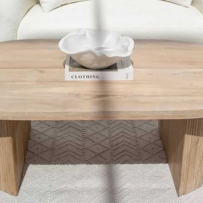 Modern Oval Coffee or Centre Table | Textured Slat Legs Sleek Oval Shape | Acacia Wood | 18x4x2 in | Light Acacia | Living Room