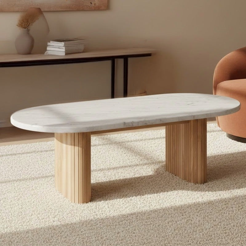 Oval Marble coffee table with Vertical Slatted Wooden Base – White Marble & Acacia Finish – 36x24 in – Modern Living Room Elegance
