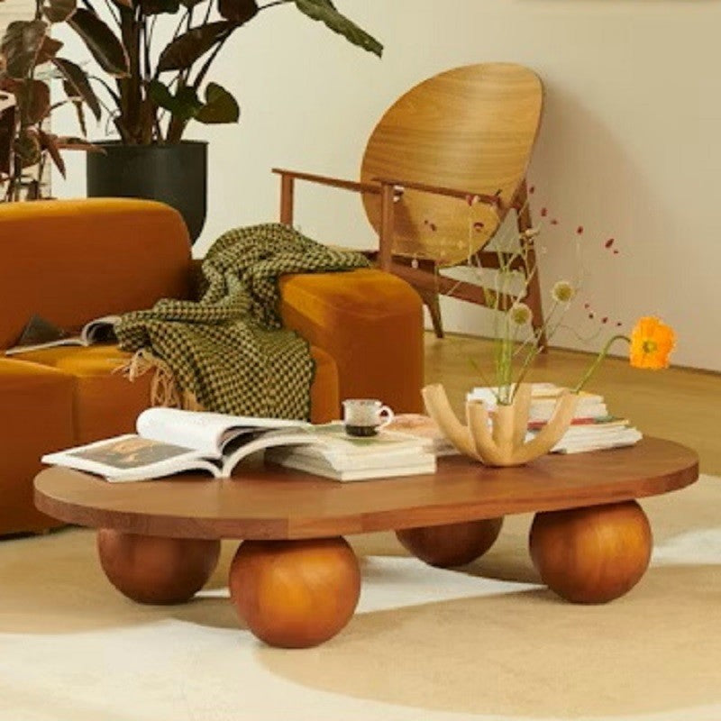 Sphere Solid Wood Oval Coffee Table with Sculptural Ball Legs – Minimalist Living Room Furniture