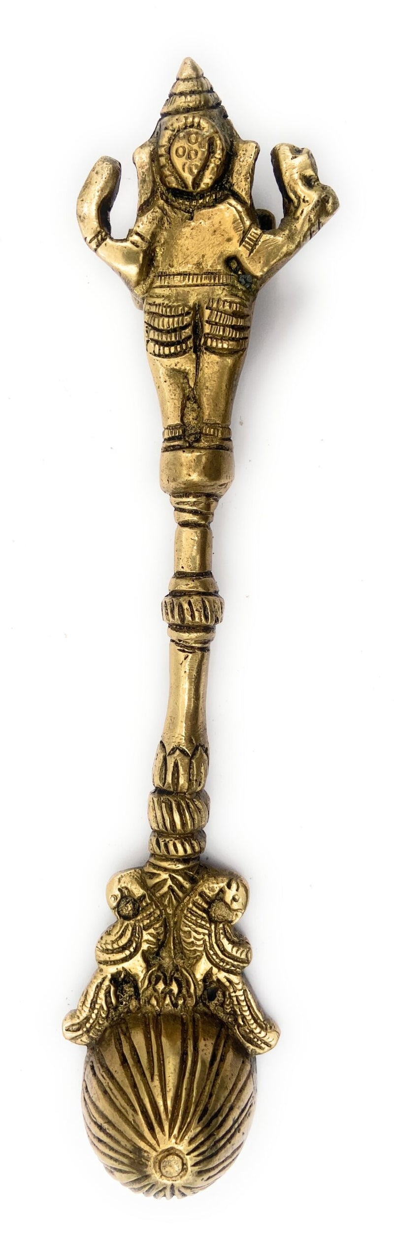 Brass Ganesh Theertha Spoon, Peetal Pital Temple Pooja Ladle, Ganesha Aarti Havan Spoon, Vinayaka Pittal Abhishekam Idol,Gold, 9 Inch, 1 Piece