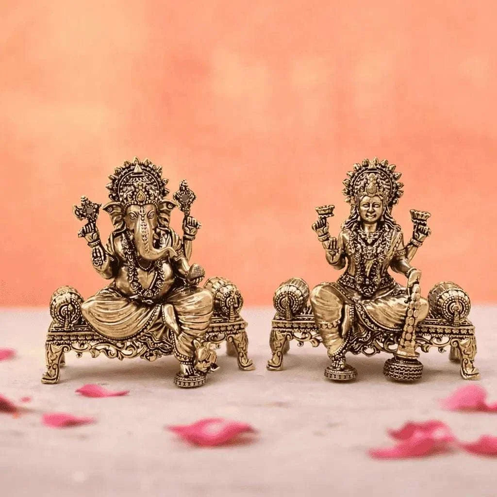 Brass Lightweight Ganesha And Lakshmi Sitting On Throne Idols (4.5 Inch)