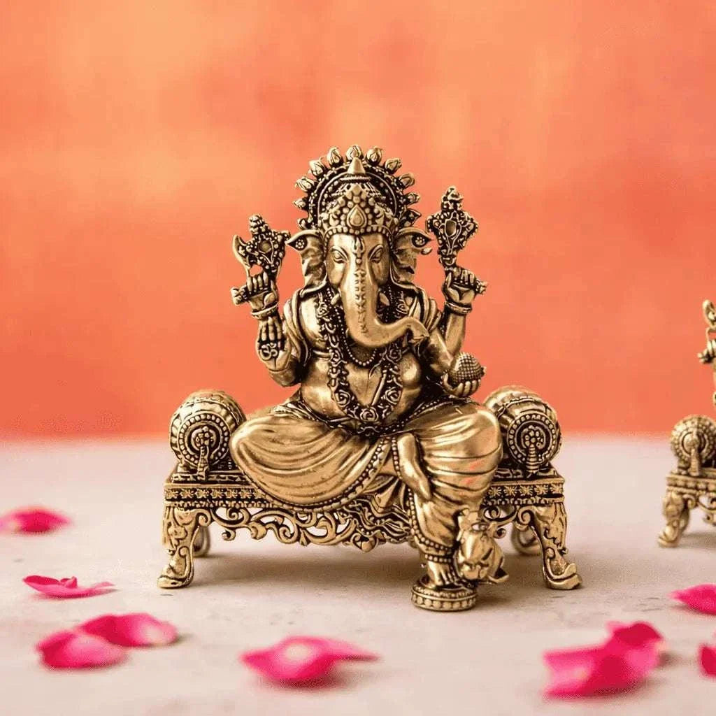 Brass Lightweight Ganesha And Lakshmi Sitting On Throne Idols (4.5 Inch)