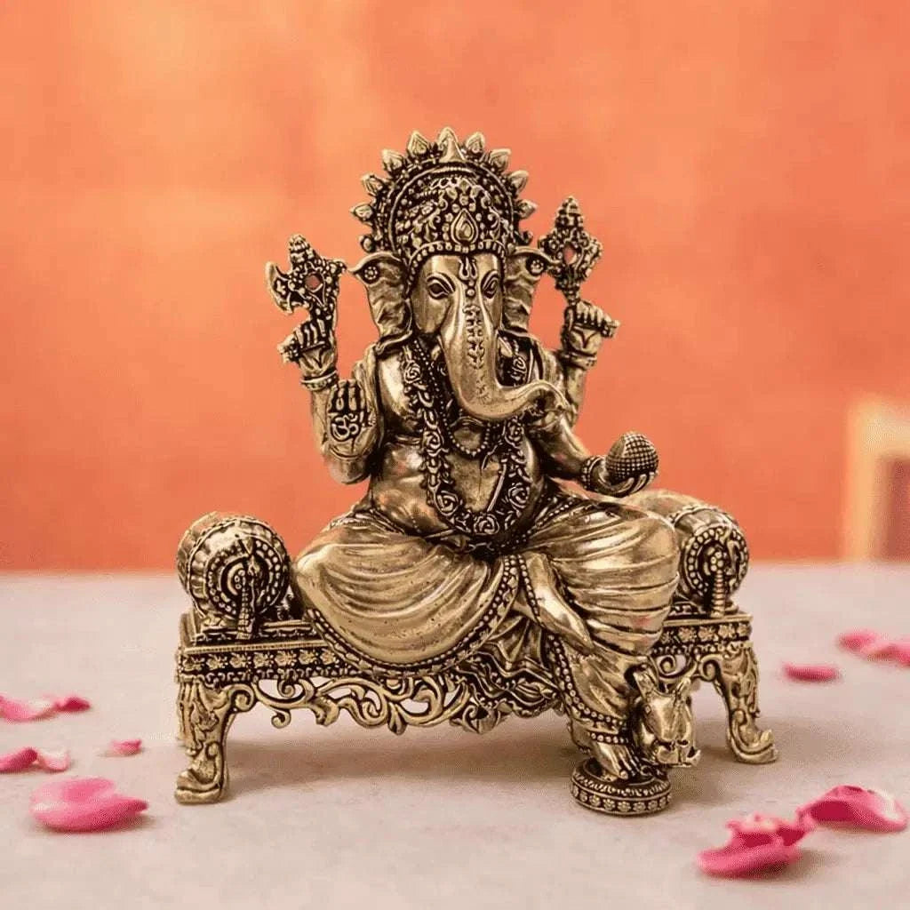 Brass Lightweight Ganesha And Lakshmi Sitting On Throne Idols (4.5 Inch)