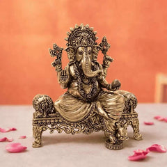 Brass Lightweight Ganesha And Lakshmi Sitting On Throne Idols (4.5 Inch)
