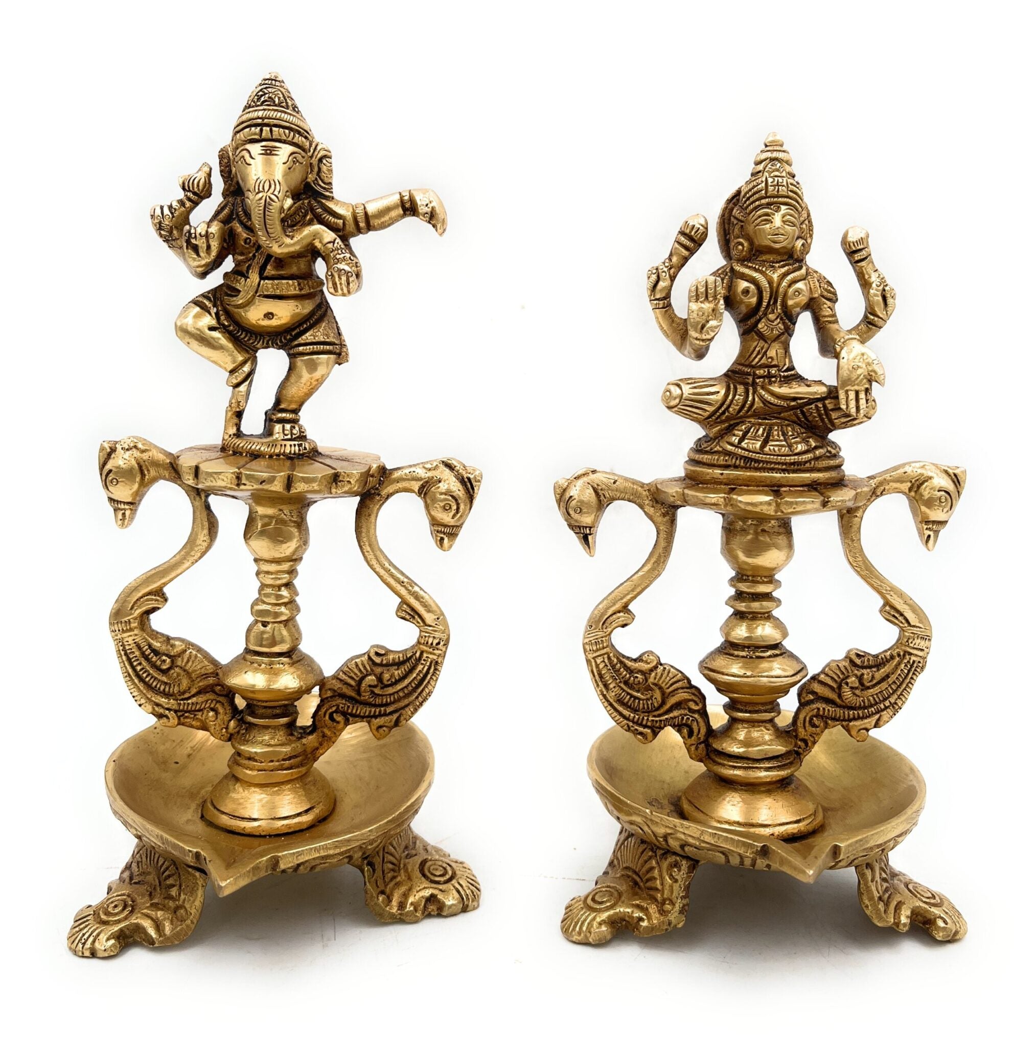 Bhunes Brass Ganesh Lakshmi Diya, Pooja Ganesha Laxmi Lamp, Deep, Deepam, Lamps For Home Temple Décor Set Of 2,Gold, 6.5 Inch, 1 Piece
