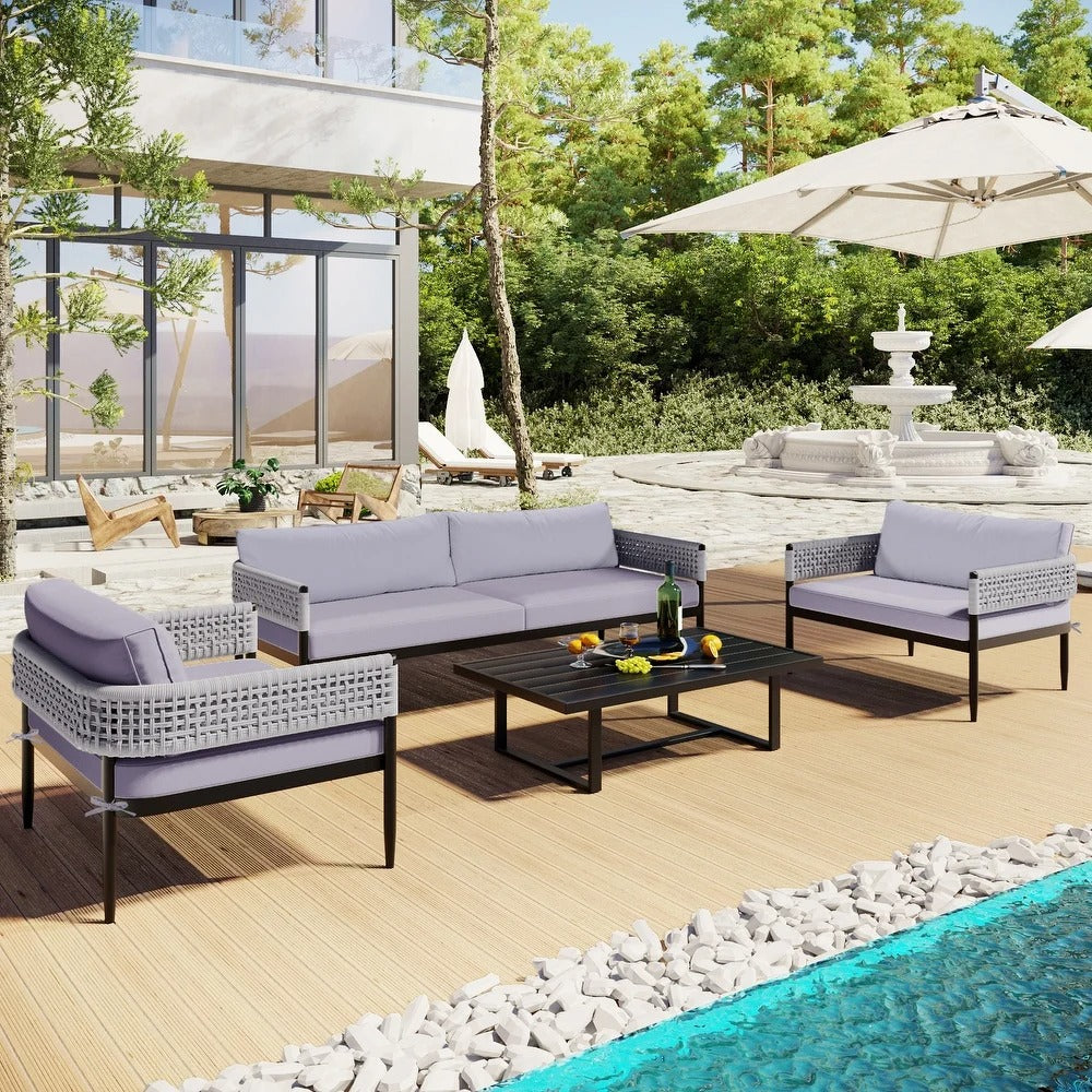 Furni Outdoor Sofa Set 3 Seater , 2 Single seater and 1 Center Table Set (Grey) Braided & Rope