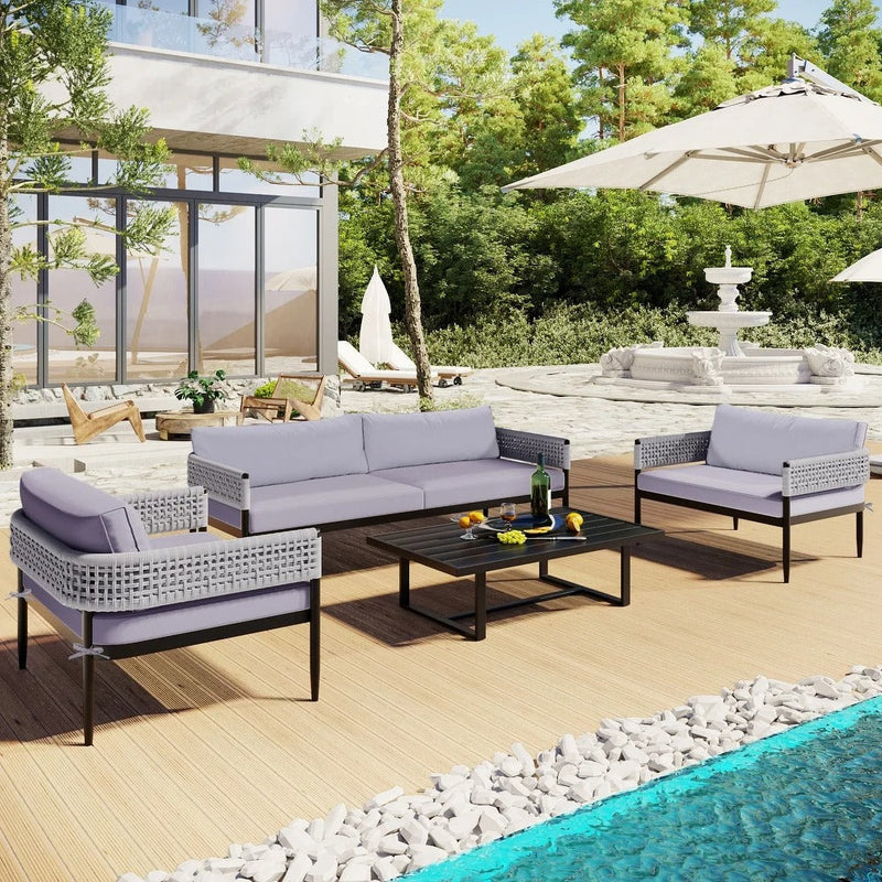 Furni Outdoor Sofa Set 3 Seater , 2 Single seater and 1 Center Table Set (Grey) Braided & Rope