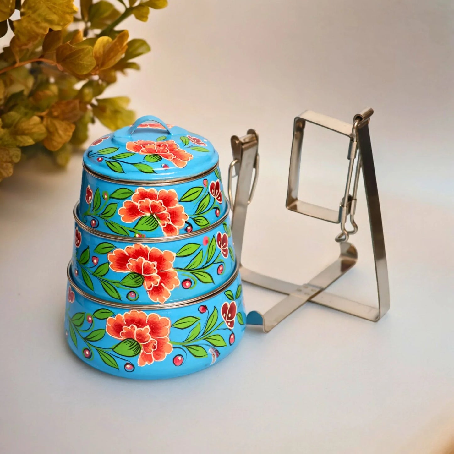 Shri-badri Hand Painted 3 Tier Steel Tiffin - Sky Blue