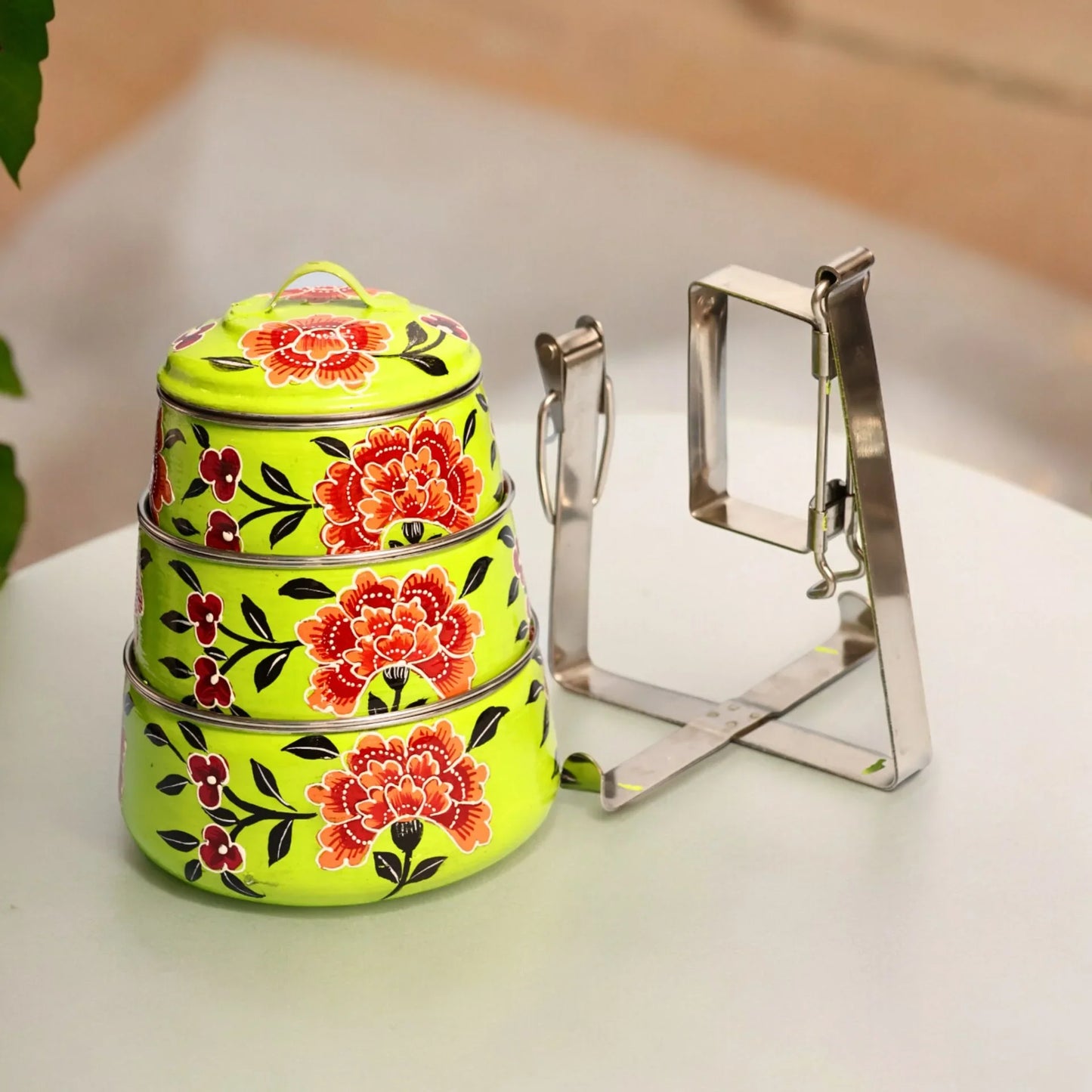 Shri-badri Hand Painted 3 Tier Steel Lunch Box - Green