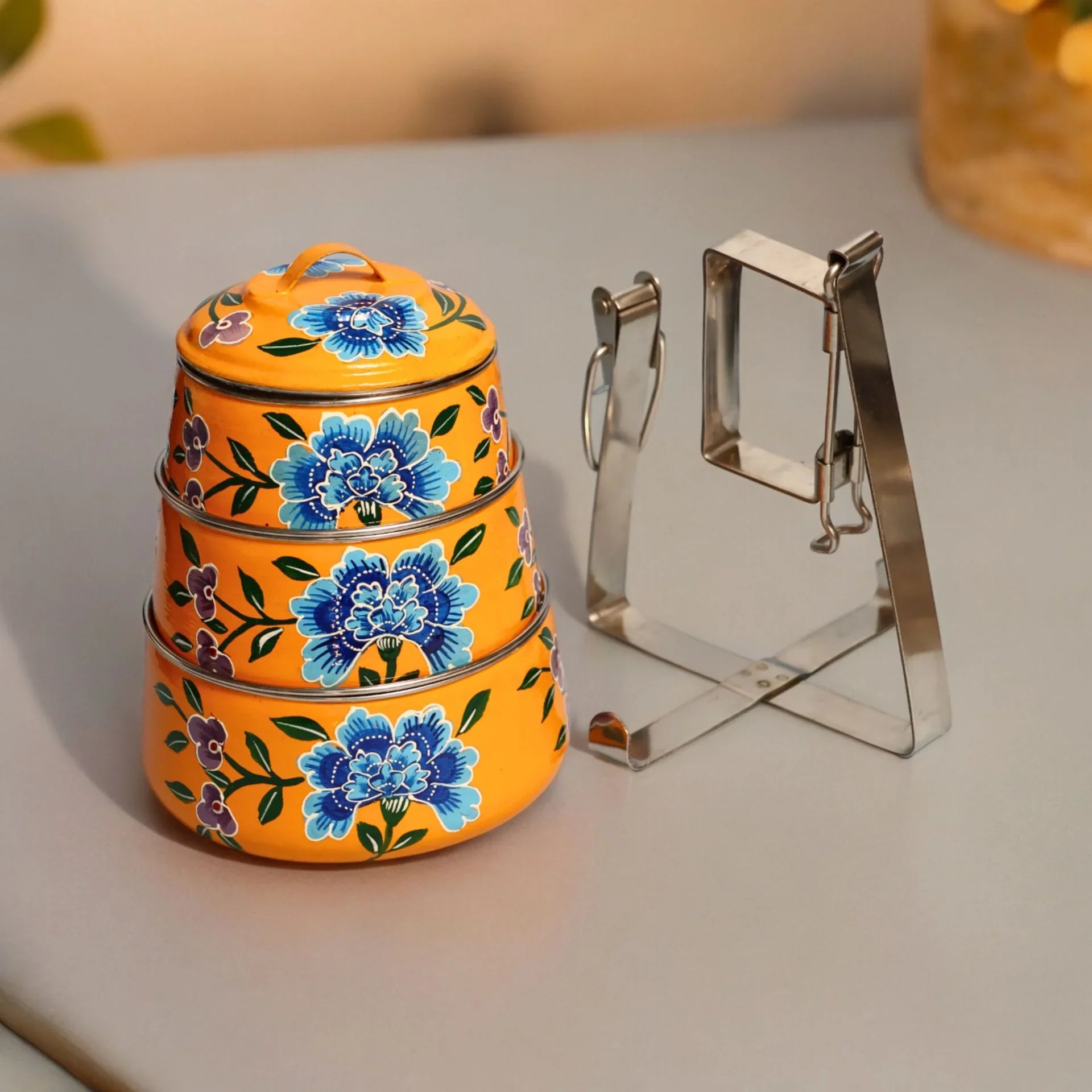 Shri-badri Hand Painted 3 Tier Steel Lunch Box - Yellow