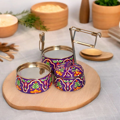 Shri-badri Hand Painted 3 Tier Steel Lunch Box - Purple