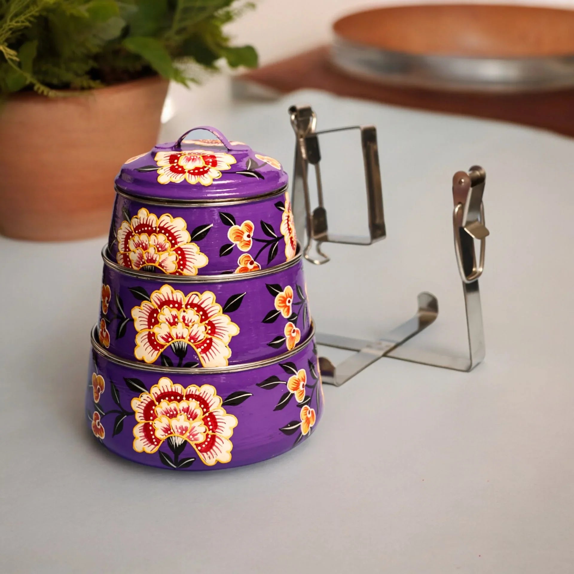 Shri-badri Hand Painted 3 Tier Steel tiffin Box - Purple