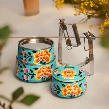 Shri-badri Hand Painted 3 Tier Steel tiffin Box - Blue