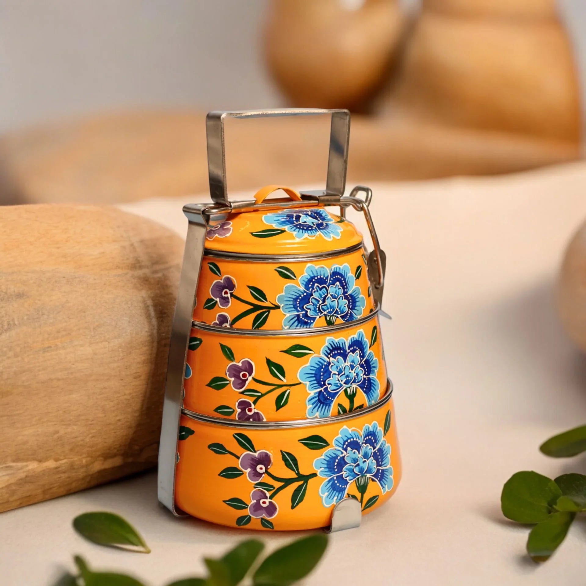 Shri-badri Hand Painted 3 Tier Steel Lunch Box - Yellow