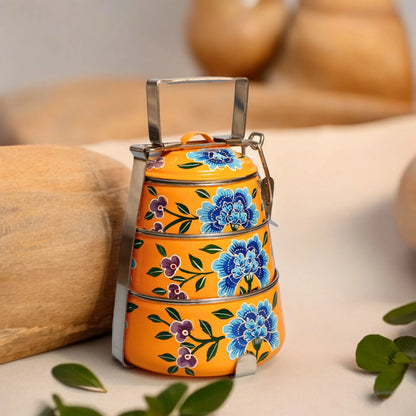 Shri-badri Hand Painted 3 Tier Steel Lunch Box - Yellow