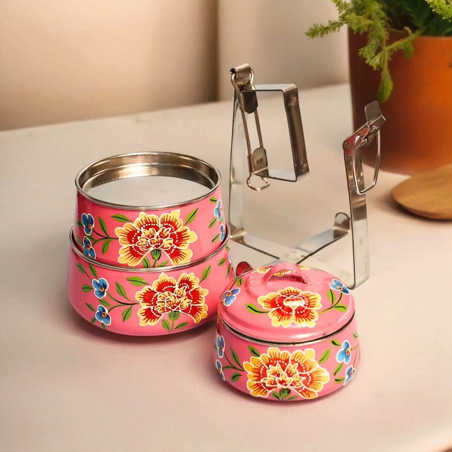 Shri-badri Hand Painted 3 Tier Steel Lunch Box - pink