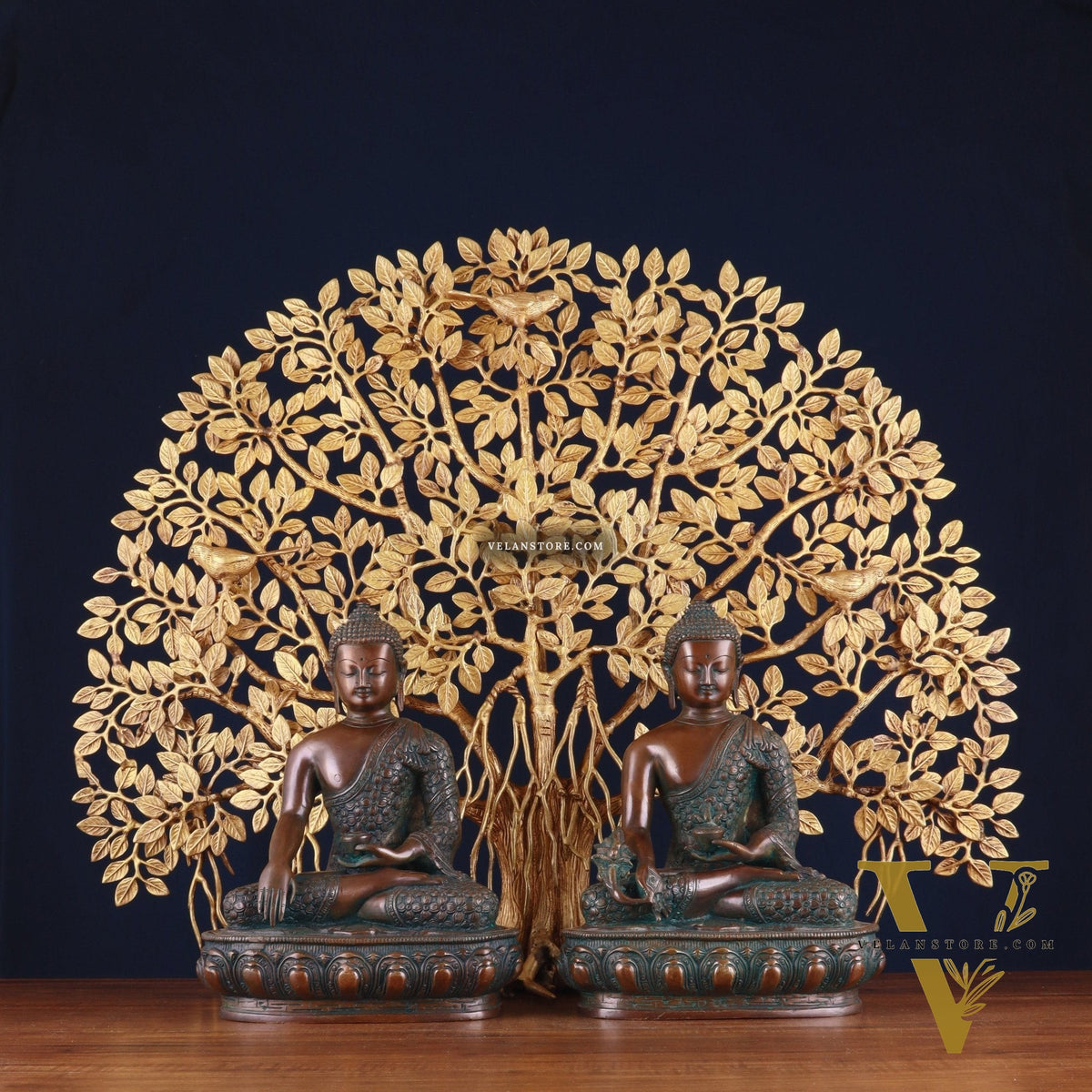 Pair of Brass Buddha Blessing Statues & Superfine Kalpavriksha Tree
