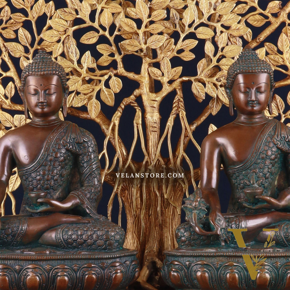 Pair of Brass Buddha Blessing Statues & Superfine Kalpavriksha Tree