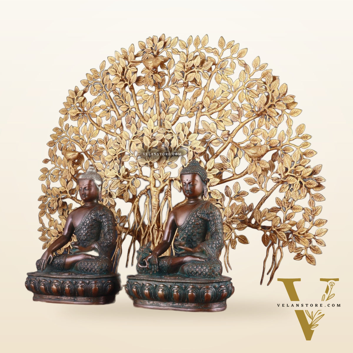 Pair of Brass Buddha Blessing Statues & Superfine Kalpavriksha Tree