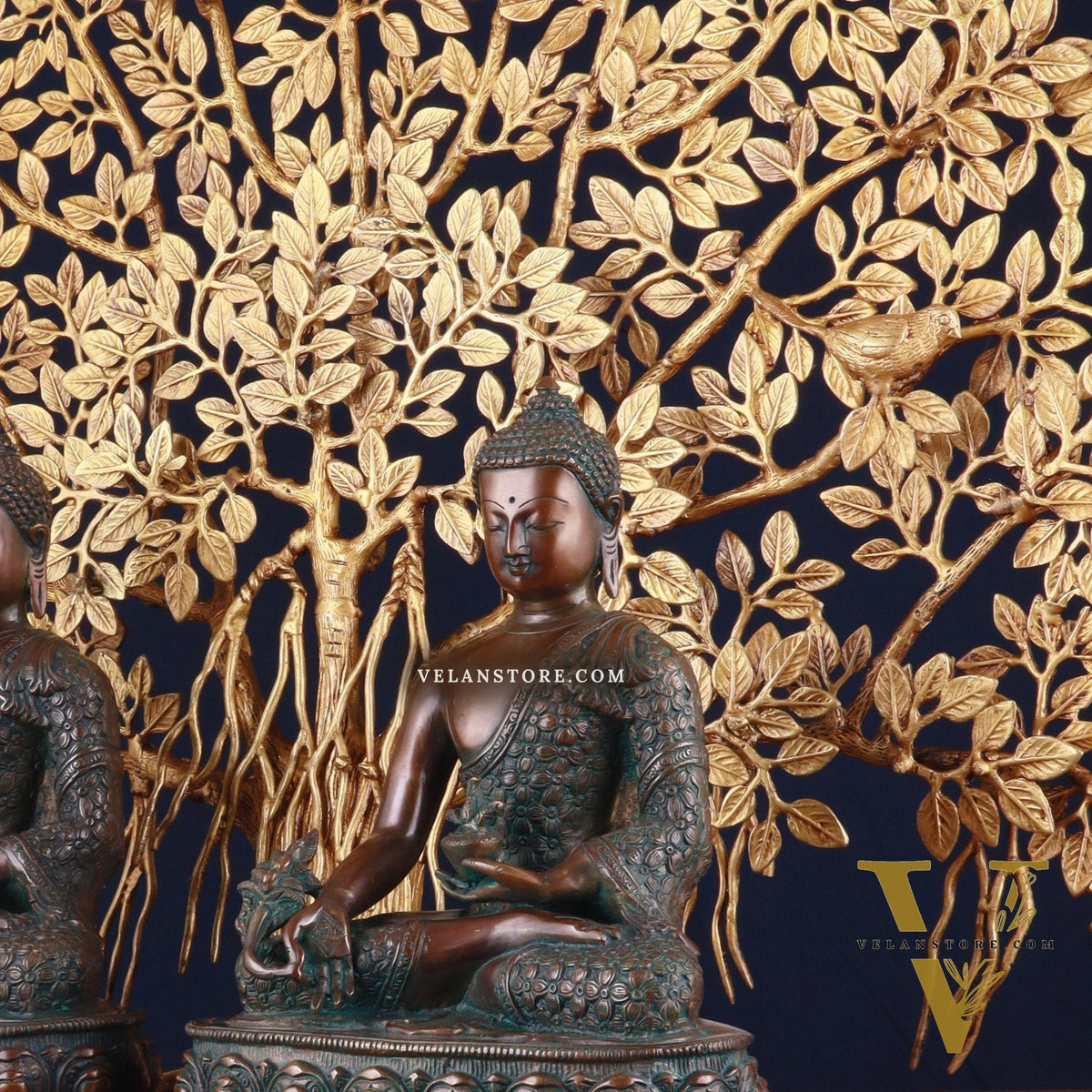 Pair of Brass Buddha Blessing Statues & Superfine Kalpavriksha Tree