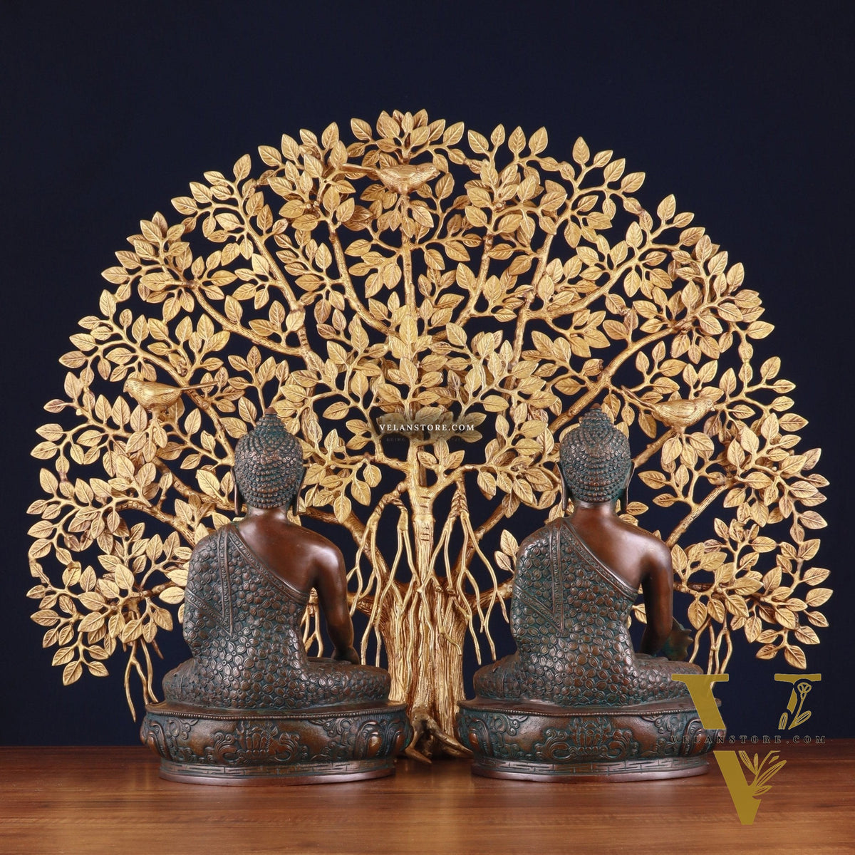 Pair of Brass Buddha Blessing Statues & Superfine Kalpavriksha Tree