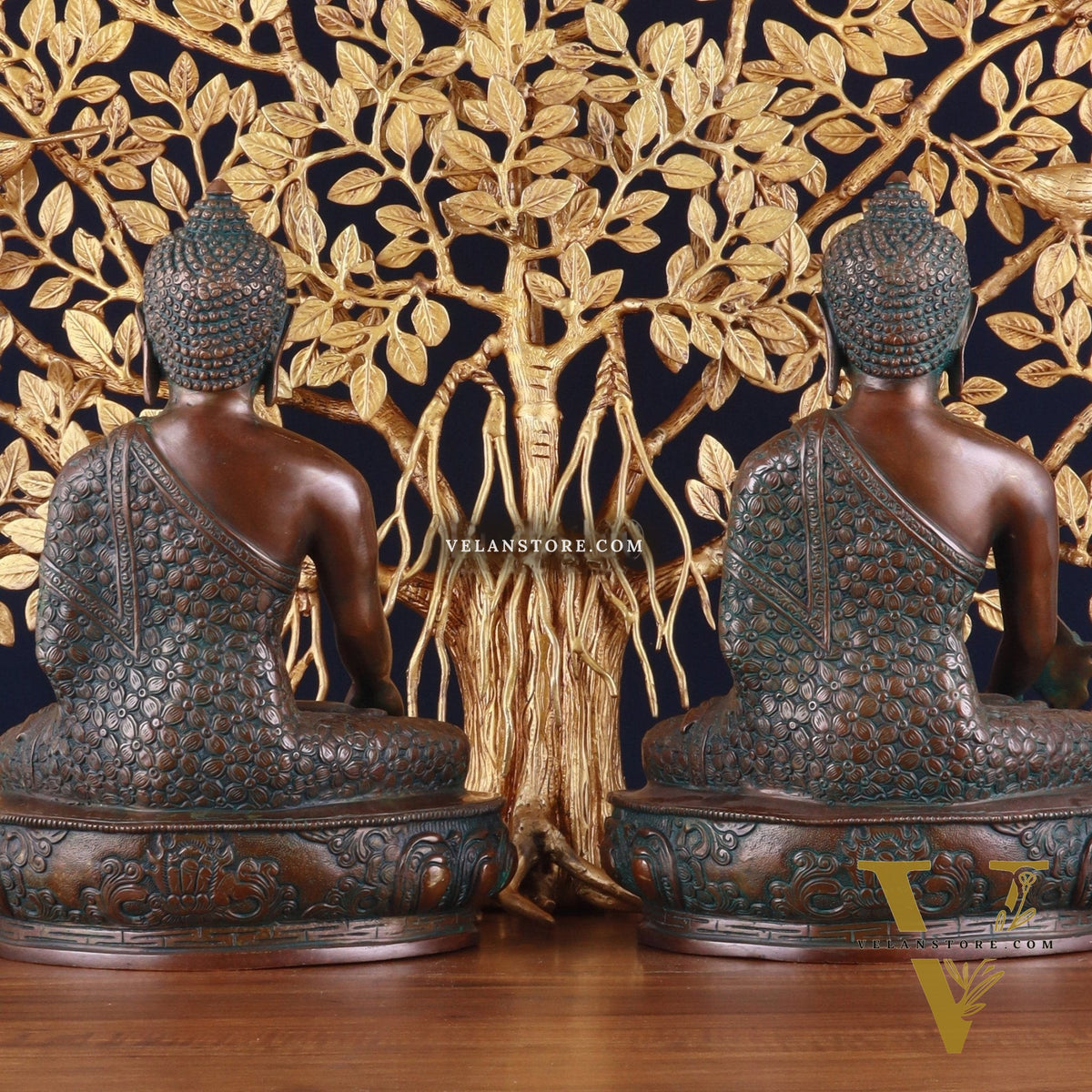 Pair of Brass Buddha Blessing Statues & Superfine Kalpavriksha Tree
