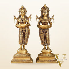 Pair of Brass Deep Lakshmi Statues with Diyas | Handcrafted Lady Statues 14"