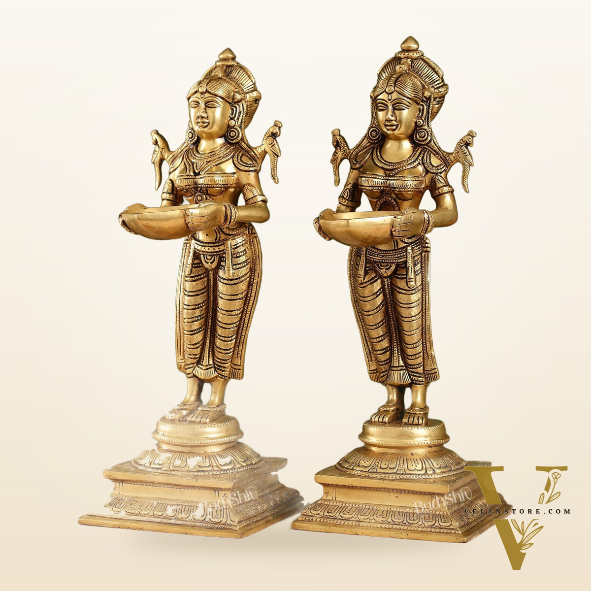 Pair of Brass Deep Lakshmi Statues with Diyas | Handcrafted Lady Statues 14"