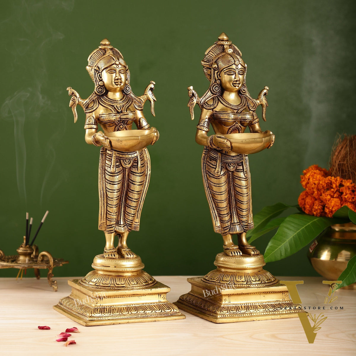 Pair of Brass Deep Lakshmi Statues with Diyas | Handcrafted Lady Statues 14"